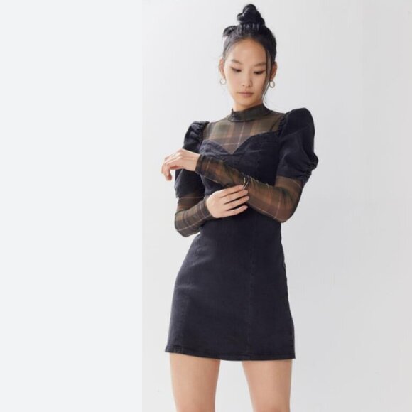 UO Urban Outfitters Chelsea Denim Puff Sleeve Mini Dress  black S Small - Picture 8 of 15